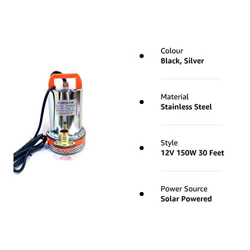 एपीएम 12V सोलर सबमर्सिबल वाटर पंप 150W सोलर पैनल या बैटरी संचालित डीसी वाटर पंप अधिकतम हेड 25-30 फीट और प्रवाह 4000Lph स्टेनलेस स्टील पाइप आकार 1" केबल लंबाई 2M