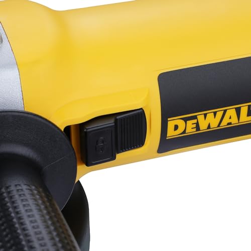 DEWALT DWE4115, 950W, 5'' (100mm) हेवी ड्युटी अँगल ग्राइंडर हेवी ड्युटी ऍप्लिकेशन्ससाठी स्पिंडल लॉक आणि स्लाईड स्विचसह इंजिनिअर केलेले, 2 वर्षांची वॉरंटी (साइड हँडल समाविष्ट)