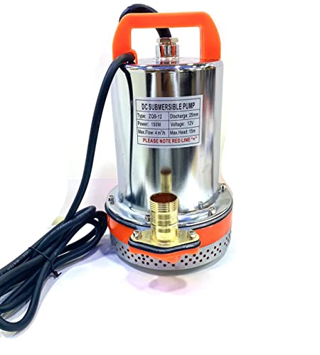 एपीएम 12V सोलर सबमर्सिबल वाटर पंप 150W सोलर पैनल या बैटरी संचालित डीसी वाटर पंप अधिकतम हेड 25-30 फीट और प्रवाह 4000Lph स्टेनलेस स्टील पाइप आकार 1" केबल लंबाई 2M