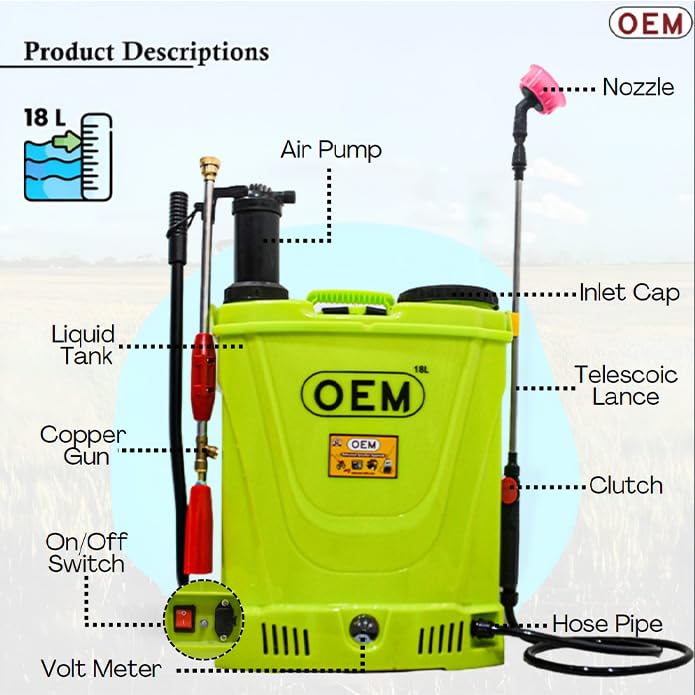 OEM 2in1 18L नैप्सैक बैटरी स्प्रेयर 12V8A HI जेट गन, 4 नोजल, हेवी-ड्यूटी बैटरी और उच्च दबाव के साथ, हरा (मैनुअल और बैटरी संचालित) | कृषि स्प्रेयर, कीट नियंत्रण, सैनिटाइज़िंग