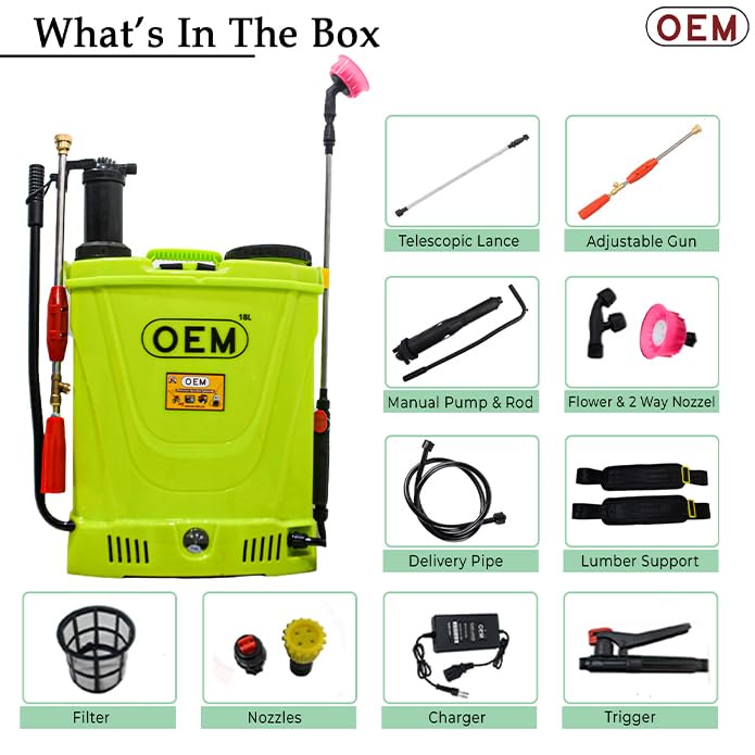 OEM 2in1 18L नैप्सैक बैटरी स्प्रेयर 12V8A HI जेट गन, 4 नोजल, हेवी-ड्यूटी बैटरी और उच्च दबाव के साथ, हरा (मैनुअल और बैटरी संचालित) | कृषि स्प्रेयर, कीट नियंत्रण, सैनिटाइज़िंग