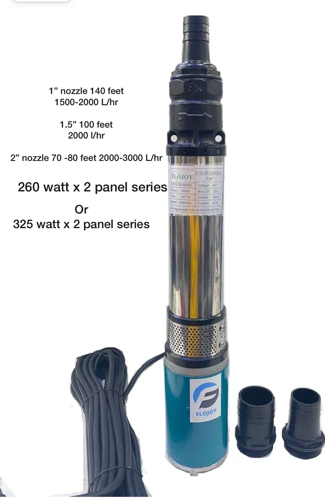 एपीएम डीसी 48V-60V 550W सौर सबमर्सिबल वाटर पंप 160 फीट हाई फ्लो 3000-6000 एल/घंटा, सौर पैनल या बैटरी संचालित 6 इम्पेलर पंप सेट आउटलेट 50 मिमी 3 नोजल (1" 1.5 और 2") केबल 15 मीटर ओपनवेल और बोरवेल फार्म सिंचाई