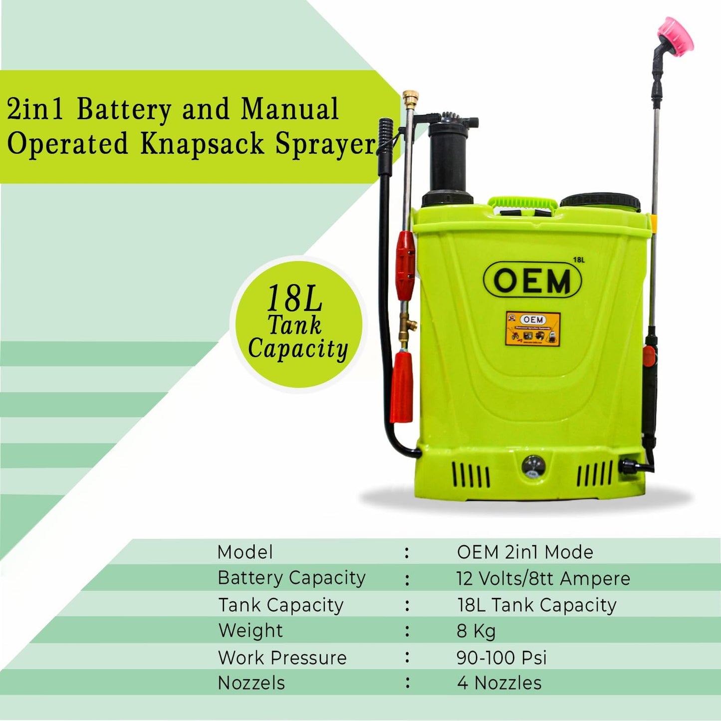 OEM 2in1 18L नैप्सैक बैटरी स्प्रेयर 12V8A HI जेट गन, 4 नोजल, हेवी-ड्यूटी बैटरी और उच्च दबाव के साथ, हरा (मैनुअल और बैटरी संचालित) | कृषि स्प्रेयर, कीट नियंत्रण, सैनिटाइज़िंग