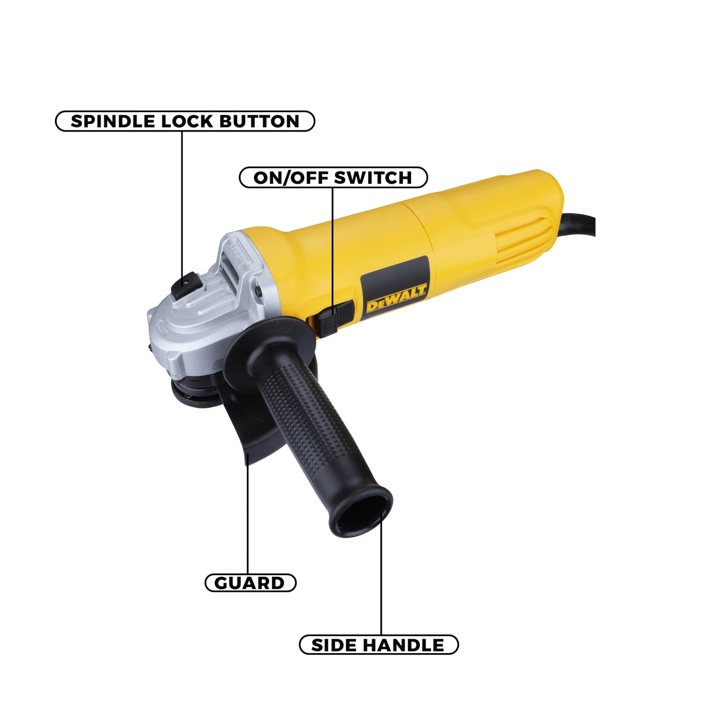 DEWALT DWE4115, 950W, 5'' (100mm) हेवी ड्युटी अँगल ग्राइंडर हेवी ड्युटी ऍप्लिकेशन्ससाठी स्पिंडल लॉक आणि स्लाईड स्विचसह इंजिनिअर केलेले, 2 वर्षांची वॉरंटी (साइड हँडल समाविष्ट)