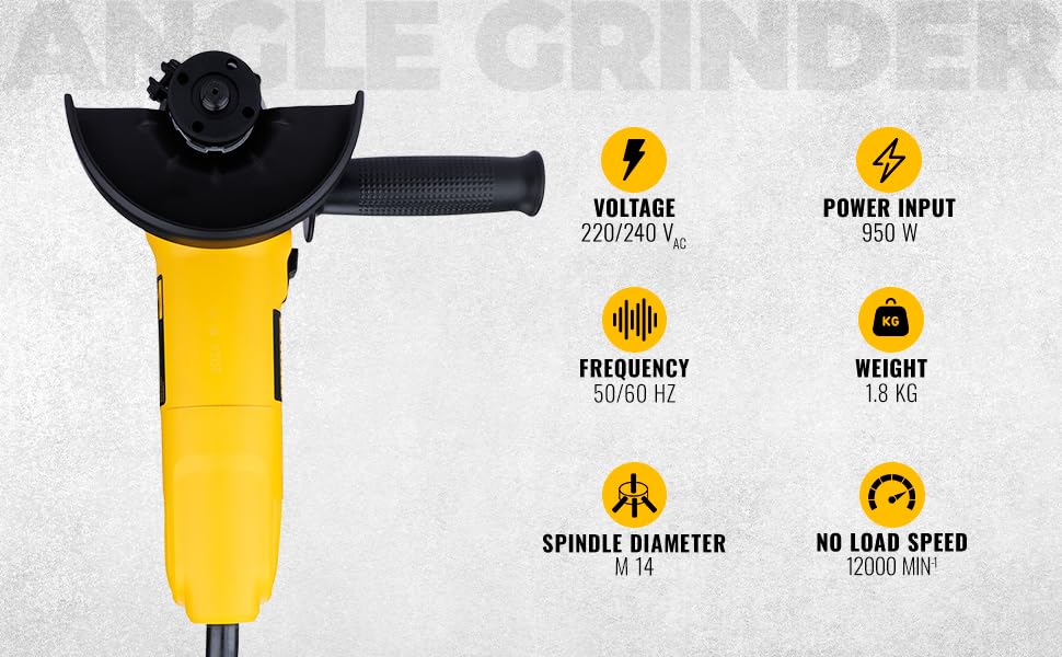 DEWALT DWE4115, 950W, 5'' (100mm) हेवी ड्युटी अँगल ग्राइंडर हेवी ड्युटी ऍप्लिकेशन्ससाठी स्पिंडल लॉक आणि स्लाईड स्विचसह इंजिनिअर केलेले, 2 वर्षांची वॉरंटी (साइड हँडल समाविष्ट)