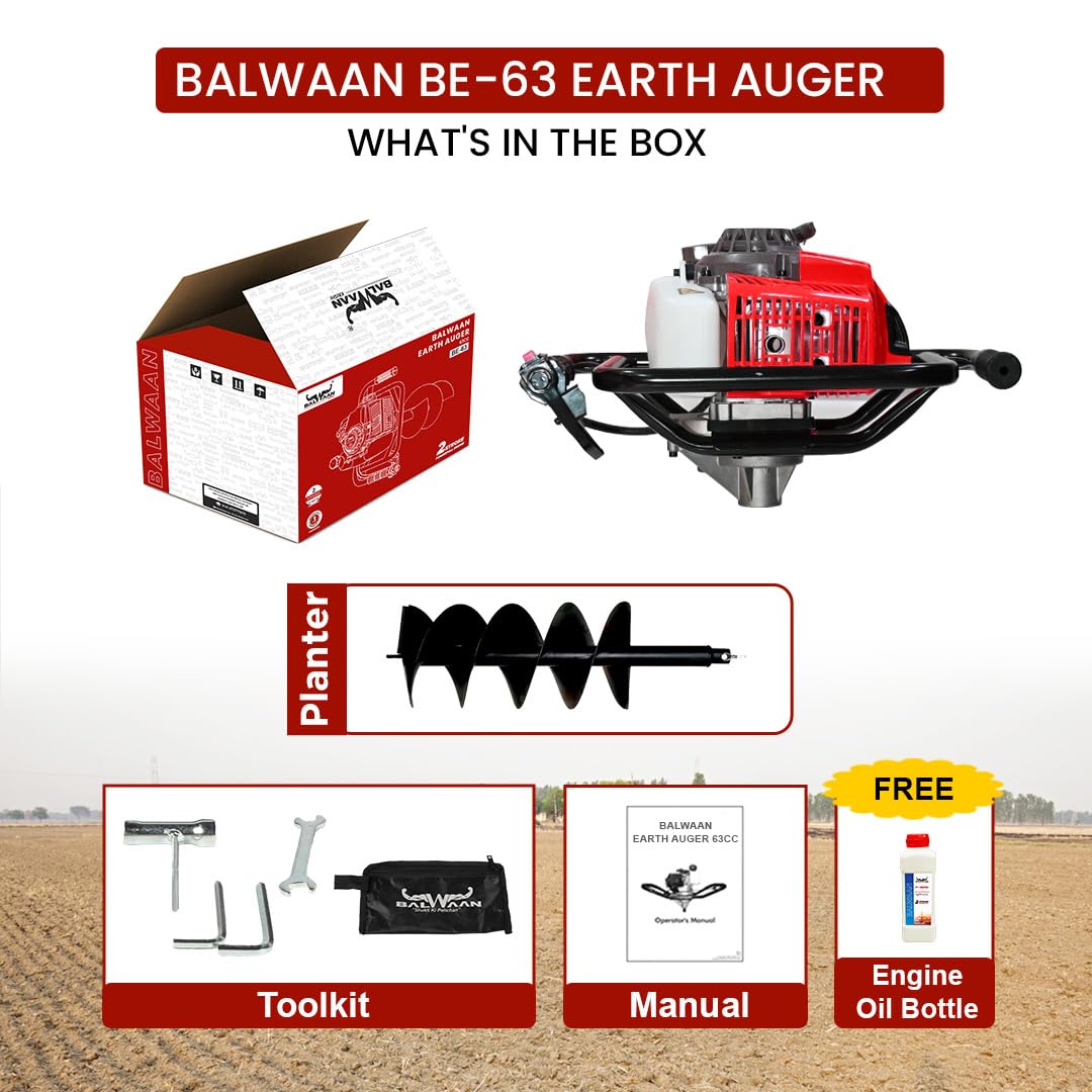 बलवान कृषी BE-63 Earth Auger 63 cc 2 स्ट्रोक पॉवरफुल हेवी ड्यूटी पेट्रोल इंजिन 10 इंच दुहेरी सर्पिल प्लांटरसह खड्डे खोदणे, वृक्षारोपण आणि कुंपण घालण्याच्या उद्देशासाठी उपयुक्त