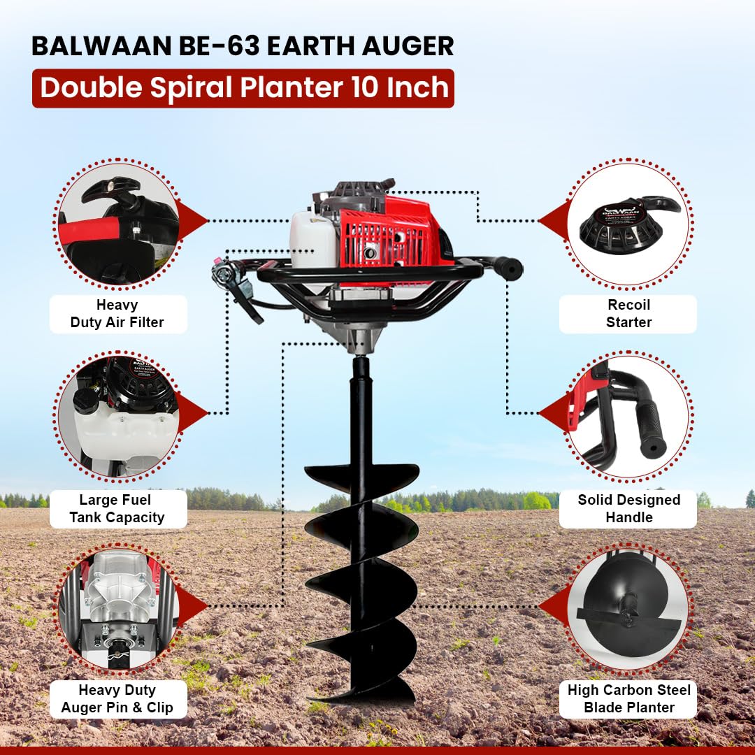 बलवान कृषी BE-63 Earth Auger 63 cc 2 स्ट्रोक पॉवरफुल हेवी ड्यूटी पेट्रोल इंजिन 10 इंच दुहेरी सर्पिल प्लांटरसह खड्डे खोदणे, वृक्षारोपण आणि कुंपण घालण्याच्या उद्देशासाठी उपयुक्त