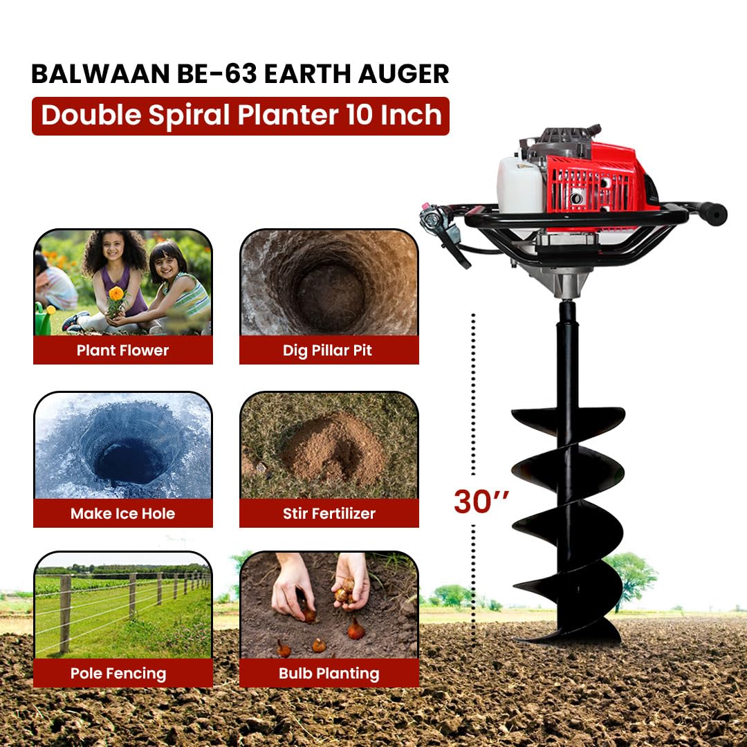 बलवान कृषी BE-63 Earth Auger 63 cc 2 स्ट्रोक पॉवरफुल हेवी ड्यूटी पेट्रोल इंजिन 10 इंच दुहेरी सर्पिल प्लांटरसह खड्डे खोदणे, वृक्षारोपण आणि कुंपण घालण्याच्या उद्देशासाठी उपयुक्त