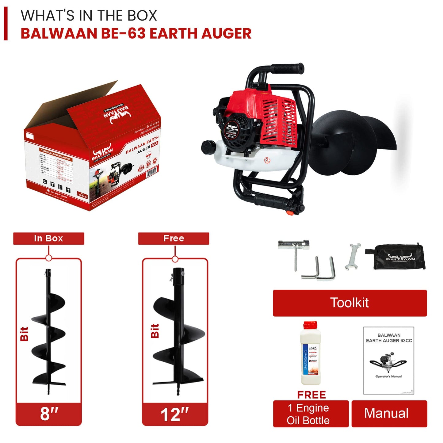 Balwaan BE-63 Earth Auger with 8 & 12 inch