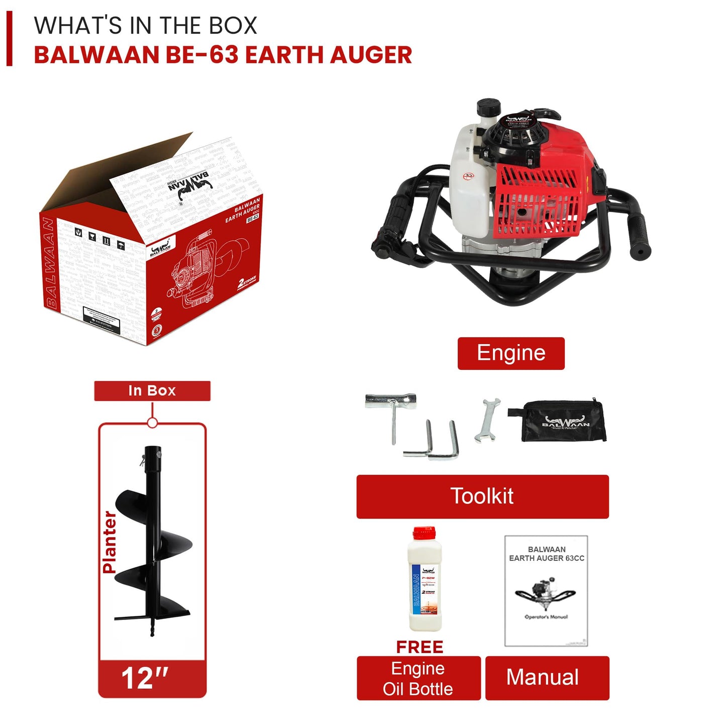 Balwaan BE-63 Earth Auger 63 cc Powerful Heavy Duty Engine with Planter Suitable for Digging Holes Plantation & Fencing Purpose (12 Inch Single Sprial Planter)