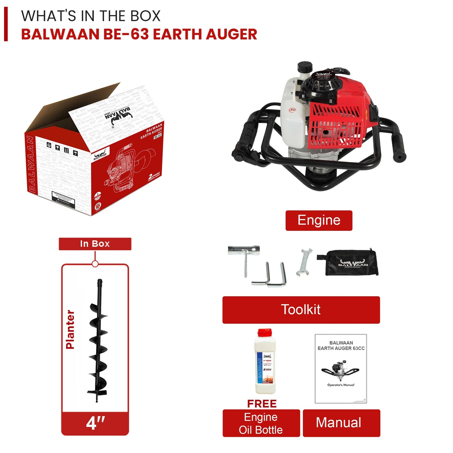 Balwaan BE-63 Earth Auger 63 cc Powerful Heavy Duty Engine with Planter Suitable for Digging Holes Plantation & Fencing Purpose (4 Inch Single Sprial Planter)