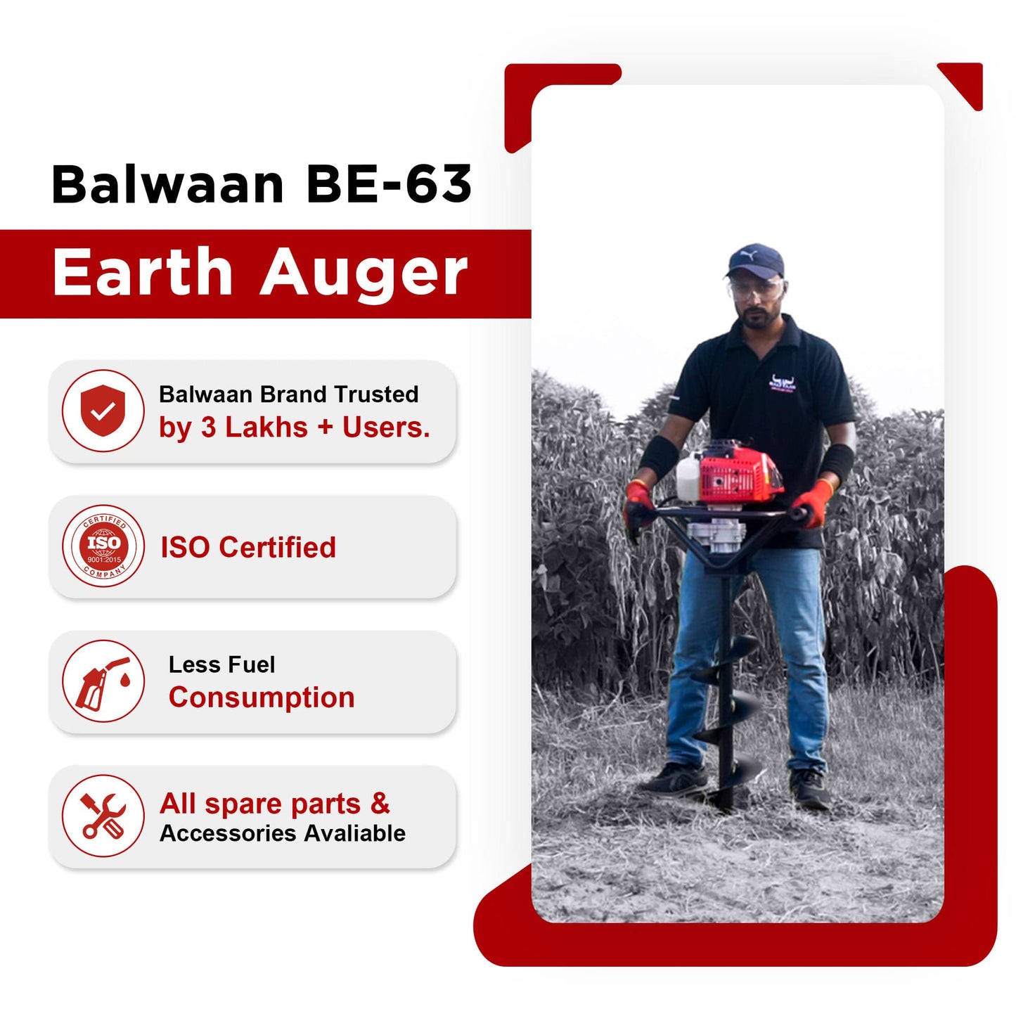 Balwaan BE-63 Earth Auger 63 cc Powerful Heavy Duty Engine with Planter Suitable for Digging Holes Plantation & Fencing Purpose (4 Inch Single Sprial Planter)