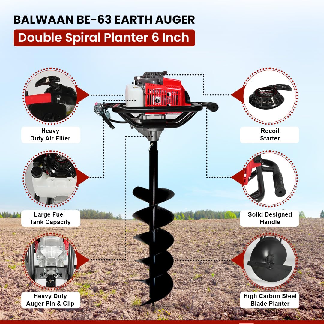 बलवान कृषी BE-63 Earth Auger 63 cc 2 स्ट्रोक पॉवरफुल हेवी ड्युटी पेट्रोल इंजिनसह 6 इंच दुहेरी सर्पिल प्लांटर खड्डे खोदणे, वृक्षारोपण आणि कुंपण घालण्याच्या उद्देशासाठी उपयुक्त