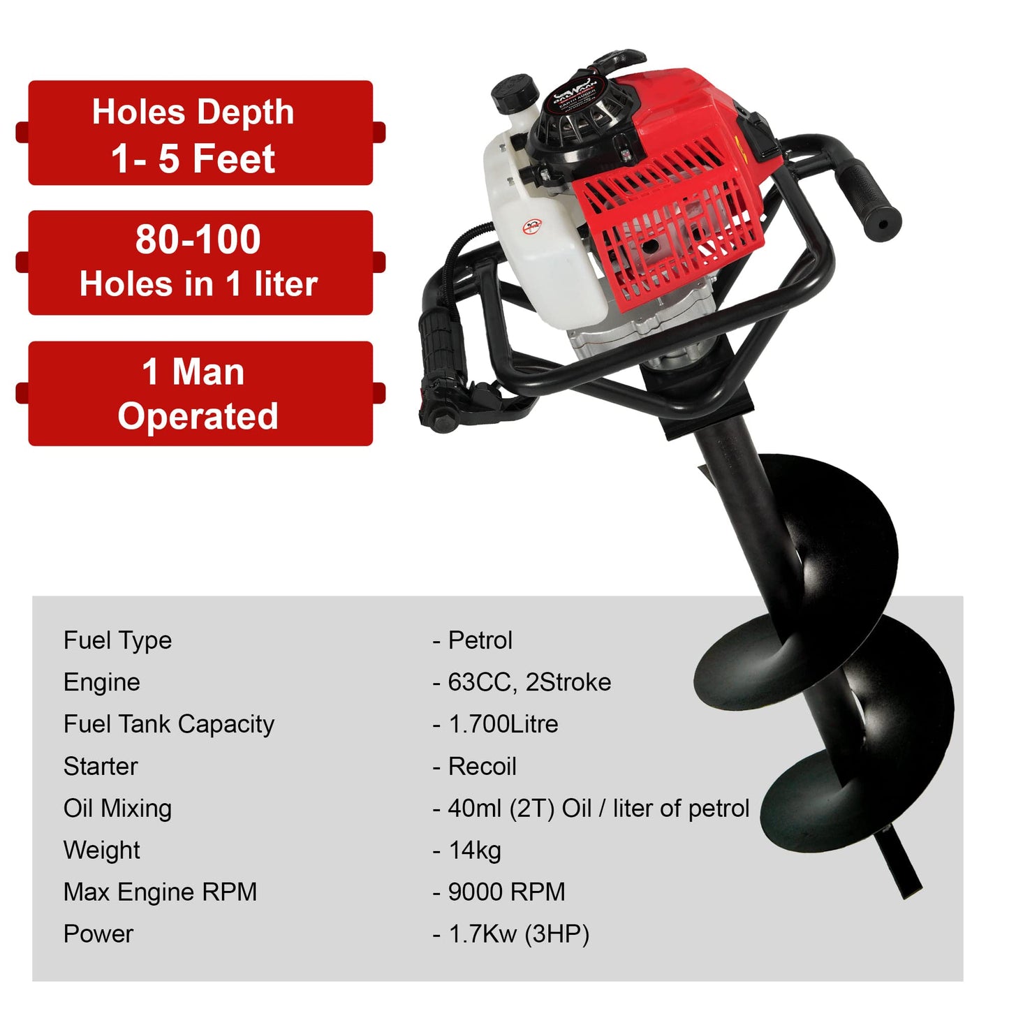 Balwaan BE-63 Earth Auger with 8 & 12 inch