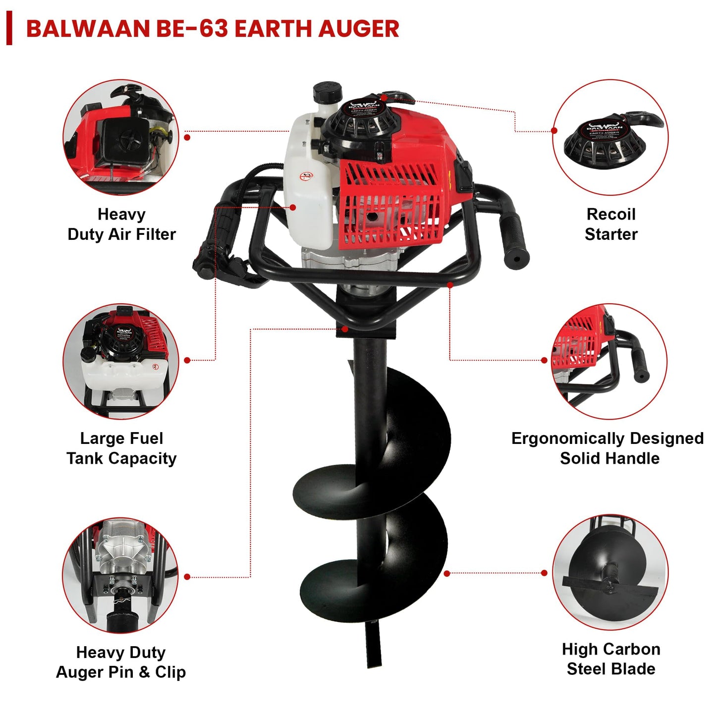 Balwaan BE-63 Earth Auger 63 cc Powerful Heavy Duty Engine with Planter Suitable for Digging Holes Plantation & Fencing Purpose (4 Inch Single Sprial Planter)