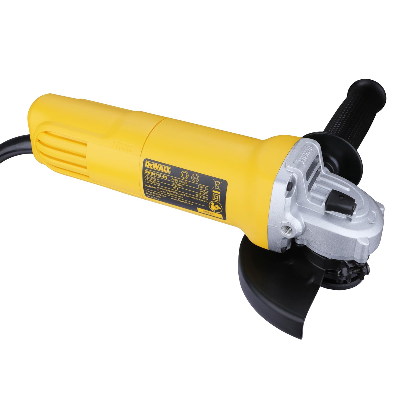 DEWALT DWE4115, 950W, 5'' (100mm) हेवी ड्युटी अँगल ग्राइंडर हेवी ड्युटी ऍप्लिकेशन्ससाठी स्पिंडल लॉक आणि स्लाईड स्विचसह इंजिनिअर केलेले, 2 वर्षांची वॉरंटी (साइड हँडल समाविष्ट)