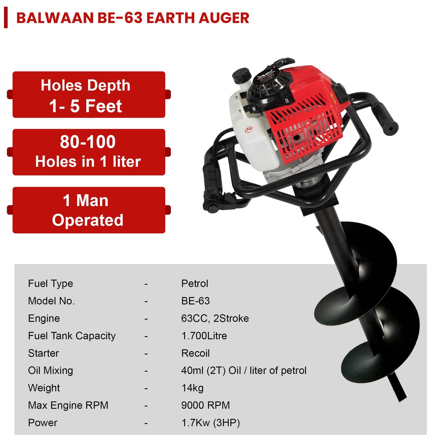Balwaan BE-63 Earth Auger 63 cc Powerful Heavy Duty Engine with Planter Suitable for Digging Holes Plantation & Fencing Purpose (12 Inch Single Sprial Planter)