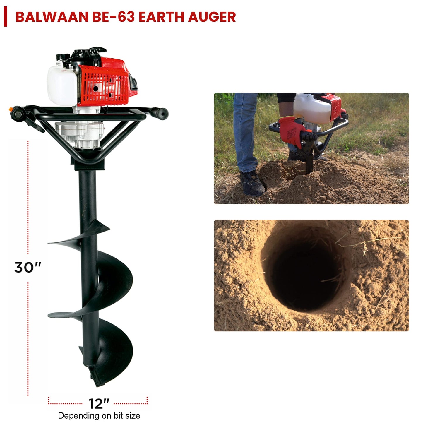 Balwaan BE-63 Earth Auger 63 cc Powerful Heavy Duty Engine with Planter Suitable for Digging Holes Plantation & Fencing Purpose (12 Inch Single Sprial Planter)