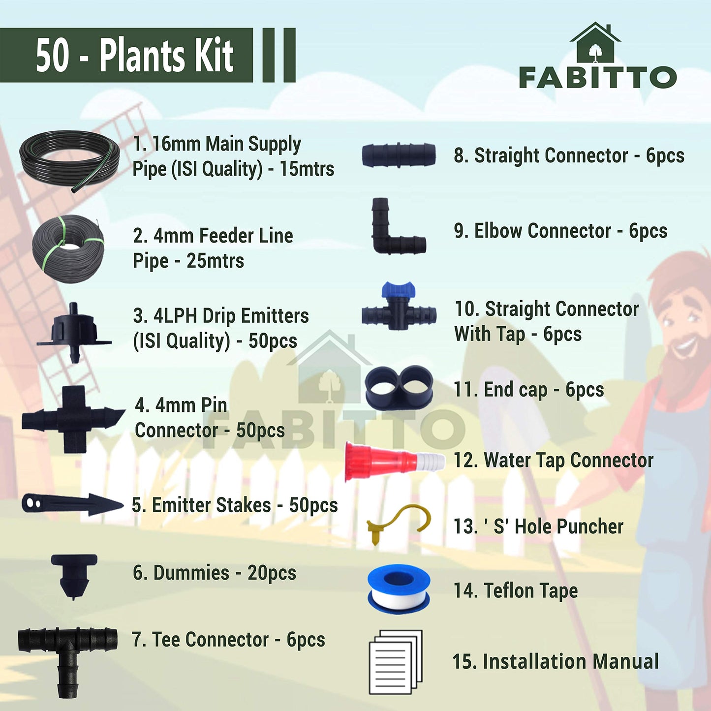 FABITTO™ ड्रिप सिंचाई किट होम गार्डन के लिए 50 पौधों के लिए स्वचालित पानी प्रणाली।