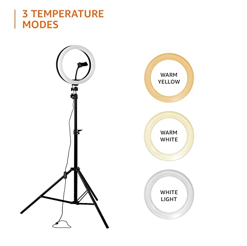 अमेज़ॅन बेसिक्स एलईडी रिंग लाइट (14-इंच) ट्राइपॉड स्टैंड, हॉट शू एडाप्टर और यूट्यूब, फोटो-शूट, व्लॉगिंग और अधिक के लिए 3 तापमान मोड के साथ