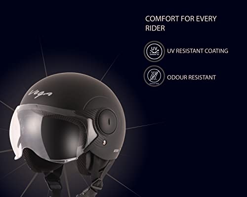 Vega Atom ISI Certified Smooth Matt Finish Open Face Helmet for Men and Women with Clear Visor(Dull Black, Size:M)