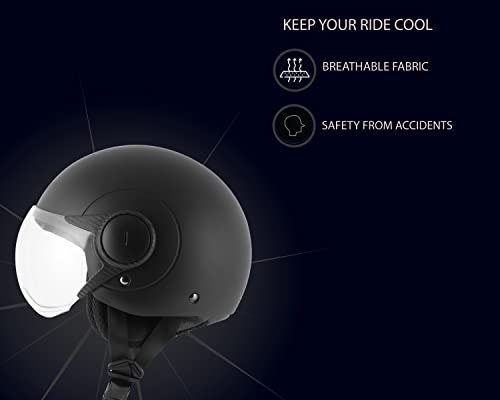 Vega Atom ISI Certified Smooth Matt Finish Open Face Helmet for Men and Women with Clear Visor(Dull Black, Size:M)