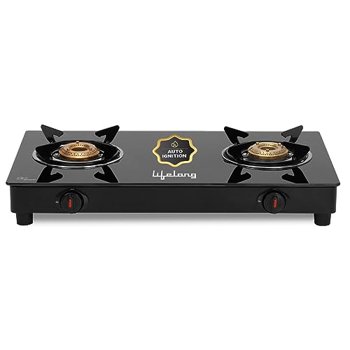 Lifelong LLGS912 Automatic Ignition 2 Burner Gas Stove with 6mm Toughened Glass Top, Automatic Ignition (Doorstep Service, 1 Year Warranty, Black) - Auto Ignition