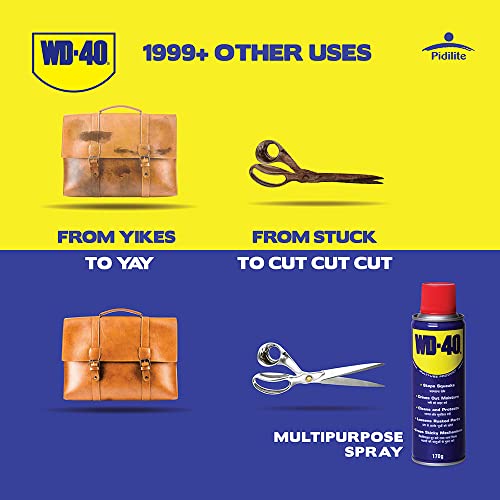 पिडिलाइट WD 40, 170 G मल्टीपर्पस स्प्रे ऑटो मेंटेनेंस, जंग रिमूवर, लुब्रिकेंट, फंसे हुए और जंग वाले हिस्सों को ढीला करता है, दाग और चिपचिपे अवशेषों को हटाता है, डीस्केलिंग, सभी उद्देश्य के लिए सुरक्षात्मक और सफाई एजेंट