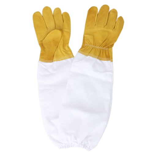 Pair Protective Beekeeping Gloves, Goatskin Bee Keeping with Vented Long Sleeves - Yellow and White, 50cm, 19.68 inch