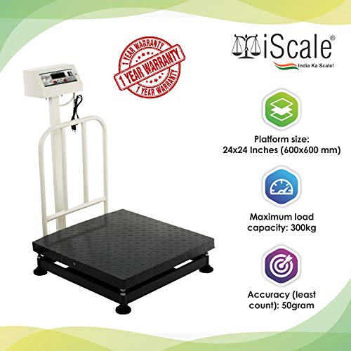 iScale इलेक्ट्रॉनिक प्लेटफॉर्म वेइंग स्केल 300kg क्षमता 20g एक्यूरेसी वेट मशीन डिजिटल शॉप, कमर्शियल और इंडस्ट्रियल यूज के लिए माइल्ड स्टील हैवी प्लेटफॉर्म साइज 24x24 इंच (600x600mm)
