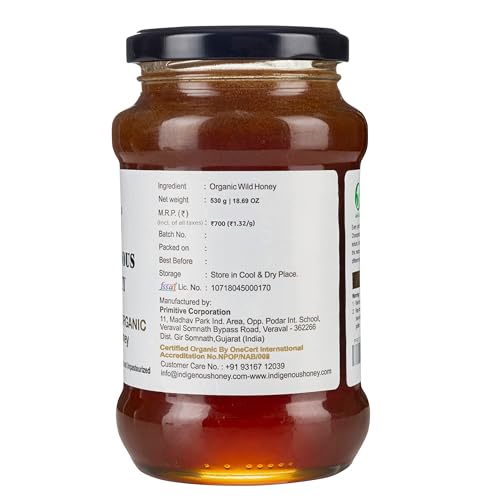 INDIGENOUS HONEY Raw Organic Honey NMR Tested NPOP Organic Certified Pure Natural Unprocessed Original Honey - 530 g Glass Jar (Pack of 1)