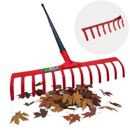 REDBULD™ Heavy Duty Steel Garden Rake with Long Handle | ( Multicolor ) Polished Handle | Rake for Gardening | Rake for Quick Clean Up of Lawn and Yard | Garden Leaf Rake | Garden Fork | Trowel