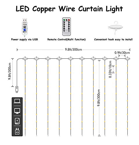 XERGY Window Curtain String Light 300 LED 8 Lighting Modes Dimmable Fairy Lights Remote Control USB Powered Waterproof Lights for Home Decoration Light Diwali House Party Wedding Decor (Warm White)