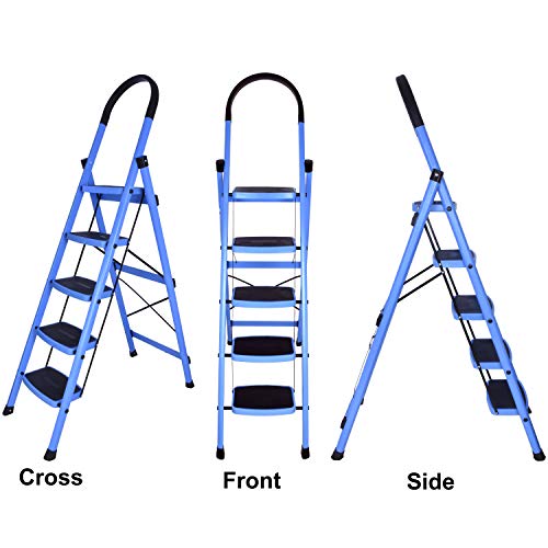 Plantex Ladder for Home-Foldable Steel 5 Step Ladder-Wide Anti Skid Steps (Blue & Black)