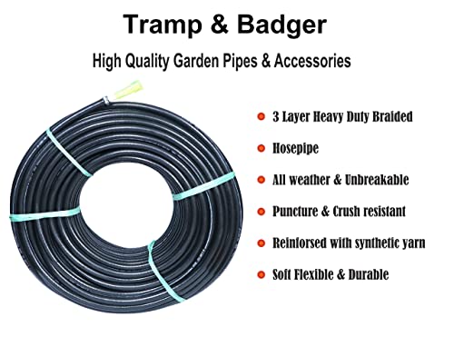 Tramp & Badger (Size : 1/2 (0.5) Inch, Length: 10 Meters, Black) Heavy Duty Braided Water Hose Pipe, Light Weight Easy to Connect For Garden, Car Wash, Floor Clean, Pet Bath, Park & Yard.
