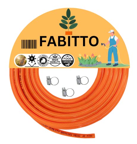 FABITTO गार्डन हेवी-ड्यूटी ब्रेडेड होज़ पाइप होम गार्डन, कार धोने, फर्श की सफाई और पालतू जानवरों को स्नान कराने के लिए 3 क्लैंप के साथ, नारंगी (3/4 इंच होज़ पाइप, 10 मीटर)