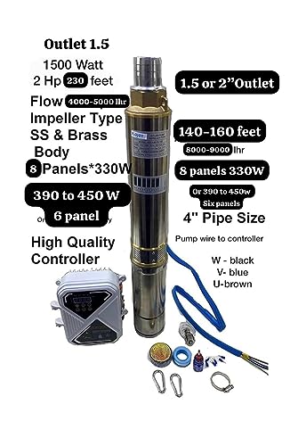 Asian Pumps & Machineries 4” Solar Water Pump Deep Bore Well Impeller Type Submersible Water Pump BLDC with MPPT Controller 1500W, Head 230 Feet, Flow 4000-5000 l/hr Outlet 1.5” (With Tank sensor kit) 110V