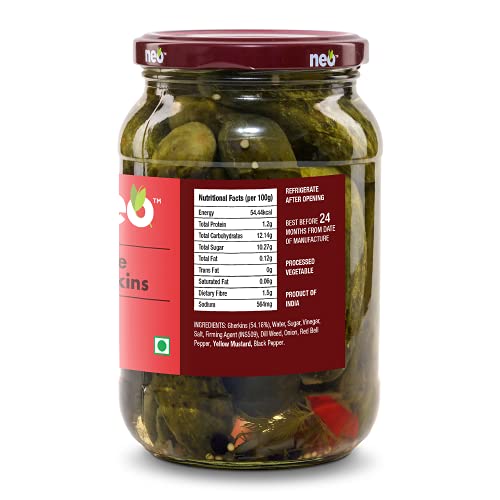 Neo Whole Gherkins 480g I Pack of 1 I 100% Vegan I Low Fat Sweet and Crunchy Pickles, Ready to Eat, No GMO I Enjoy with Nachos, Make a Healthy Salad at home