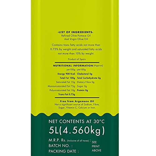Jivo Pomace Cooking Olive Oil 5 Litre Tin | Recommendable for Roasting, Frying, Baking All type of Cuisines| Healthy Cooking Oil for Daily use (Pack of 1)