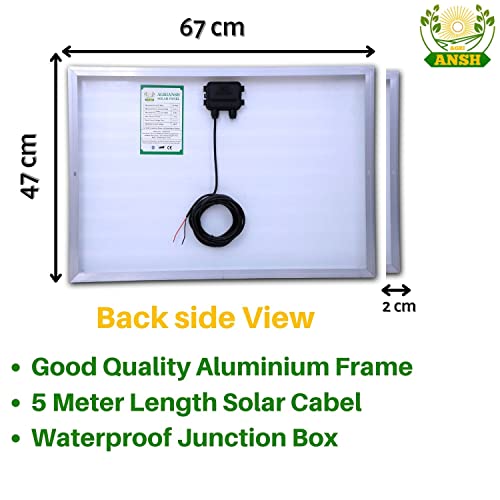 घरेलू उपकरणों के लिए एग्रियनश सोलर पैनल 35 वॉट पॉलीक्रिस्टलाइन प्लेट्स, जो 12 वोल्ट डीसी जैसे आउटडोर लाइट, बैटरी या मोबाइल चार्जिंग, सोलर फेंस एनर्जाइज़र चार्जर पर संचालित होते हैं।