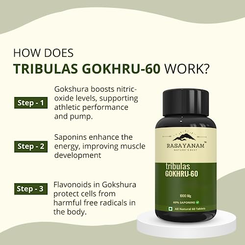 Rasayanam Tribulas Gokhru-60 Gokshura Tablets 1000mg | Ultra High Concentrated 60% Saponins | Improves Vigour | Tribulus Terrestris | For both Men & Women (60 Tablets)