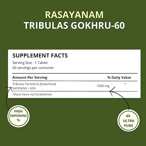 Rasayanam Tribulas Gokhru-60 Gokshura Tablets 1000mg | Ultra High Concentrated 60% Saponins | Improves Vigour | Tribulus Terrestris | For both Men & Women (60 Tablets)