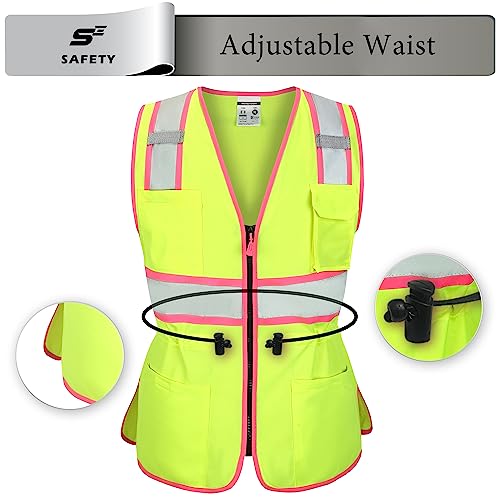 Hi Vis Safety Vest for Women, Working Drawstring waist Construction Vest with Pockets and Zipper, Womens Safety Vest, ANSI Type R Class2, Yellow Pink Strips, XL, Yellow, X-Large