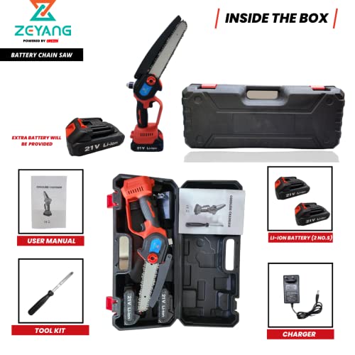 OREZEN ZEYANG Mini Cordless Chainsaw Dual Battery (21Vx2), 6 inch Cutting Area - Battery Operated Chain Saw (6 INCH)