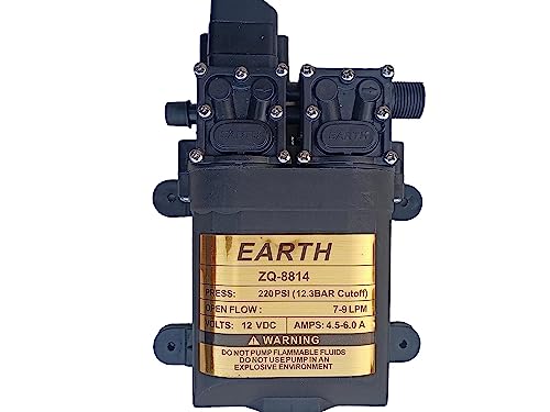 TAJ SUPER 220 Psi उच्च दाब 12v 6.0A DC इलेक्ट्रिक बॅटरी/ॲडॉप्टर ऑपरेटेड ड्युअल स्प्रेअर पंप मोटर शेतीमध्ये वापरली जाते, बाईक वॉशिंग फ्लोअर वॉशिंग गार्डनिंग 9L प्रवाह प्रति मिनिट + 1 मीटर पाईप आणि 2क्लॅम्प