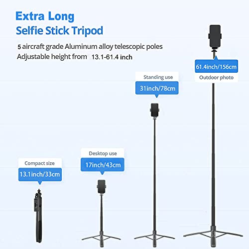 Mobilife Long Selfie Stick Tripod,Extra-long Selfie Stick with Large Reinforced Tripod Stand Upto 61 inch/156 cm,Super Long Multi-function Bluetooth Selfie Stick for YouTube Photo&Cooking Video Overhead Shoot Live Stream Selfie Stick Tripod for Mobile Pho