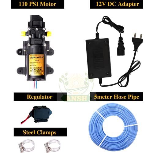 एग्रियनश हैवी ड्यूटी 12Vdc इलेक्ट्रिक बैटरी स्प्रेयर डायाफ्राम 110 Psi पंप मोटर प्लस पावर चार्जर, रेगुलेटर, क्लैंप और होज़पाइप सोलर पैनल सफाई, बागवानी, घर की सफाई, एक्वेरियम में उपयोग किया जाता है