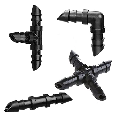 Pinolex® 1/4 4mm Feeder Line Drip Irrigation Fittings Kit 40 Piece Set for Dripping Pipe Tubing - Tees, Elbows, Straight, 4way - Barbed Connectors Parts for tube Sprinkler Garden Systems (pack of 40)