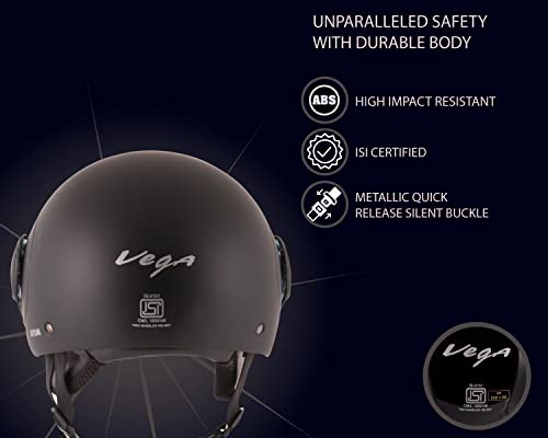 Vega Atom ISI Certified Smooth Matt Finish Open Face Helmet for Men and Women with Clear Visor(Dull Black, Size:M)