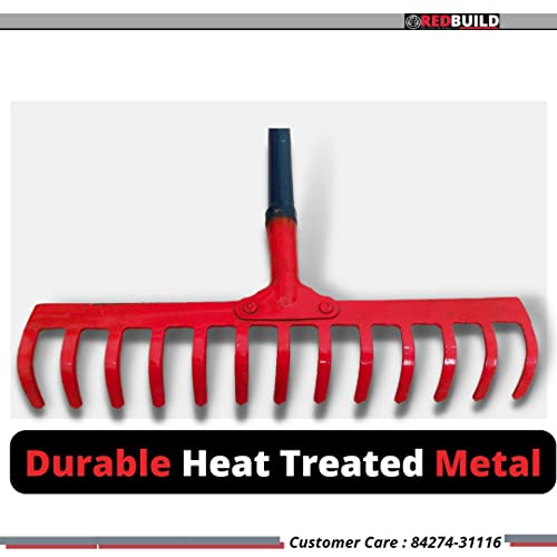 REDBULD™ Heavy Duty Steel Garden Rake with Long Handle | ( Multicolor ) Polished Handle | Rake for Gardening | Rake for Quick Clean Up of Lawn and Yard | Garden Leaf Rake | Garden Fork | Trowel